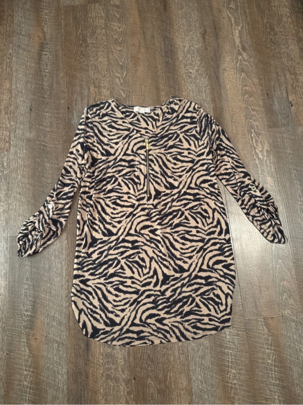 Michael Kors Beige and Black Zebra-Print Long Sleeve Tunic with Front Zip